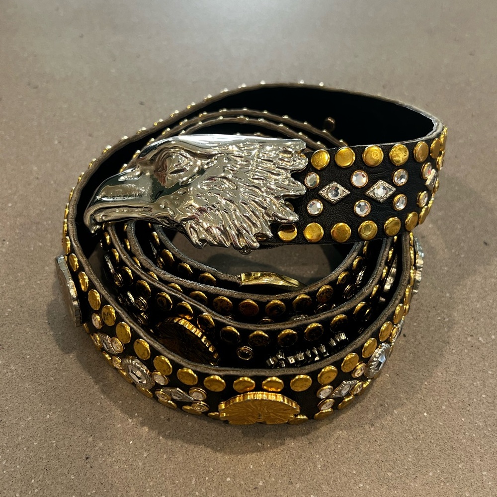 Kippys Swarovski Crystal Black leather Belt Eagle Buckle